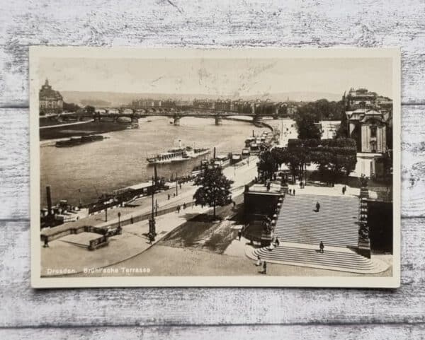 AK Dresden Brühl'sche Terrasse Brücke Dampfer Architektur Ansichtskarte Vintage